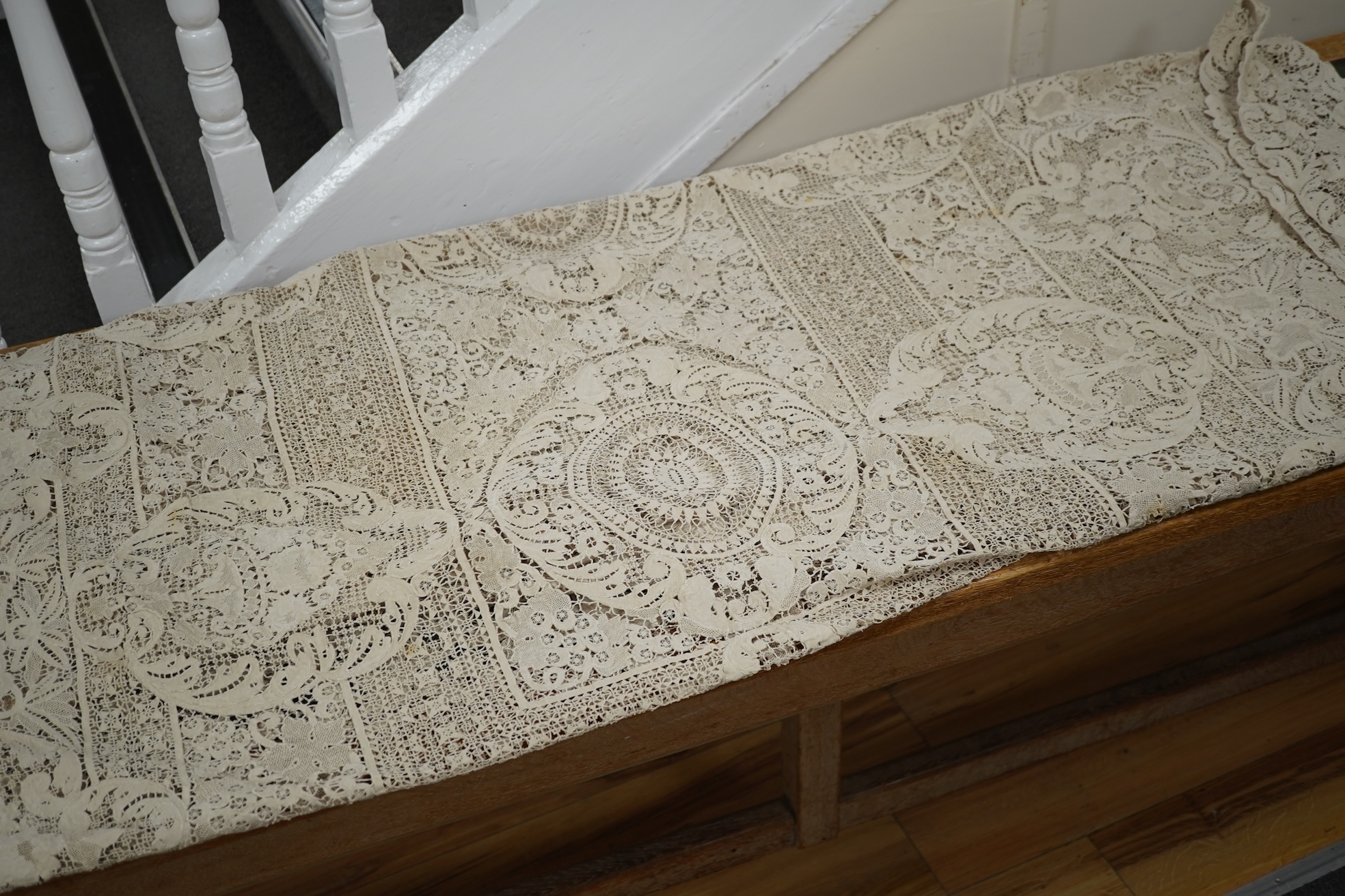 A 20th century lace bedcover, in Burano style lace. 276cm x 172cm